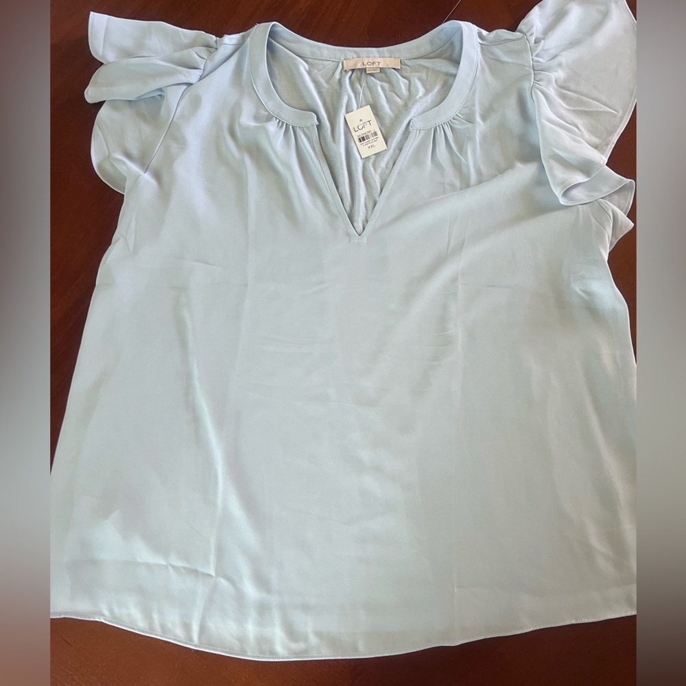 LOFT Baby Blue Flutter Sleeve Mixed Media Blouse NWT